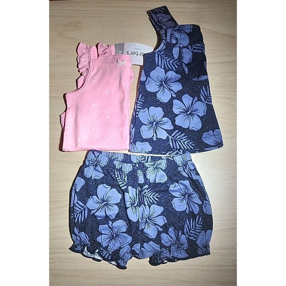 3 piece Carter's Size 6 Months Infant Girls Blue Tropical Tank Top, Short Set